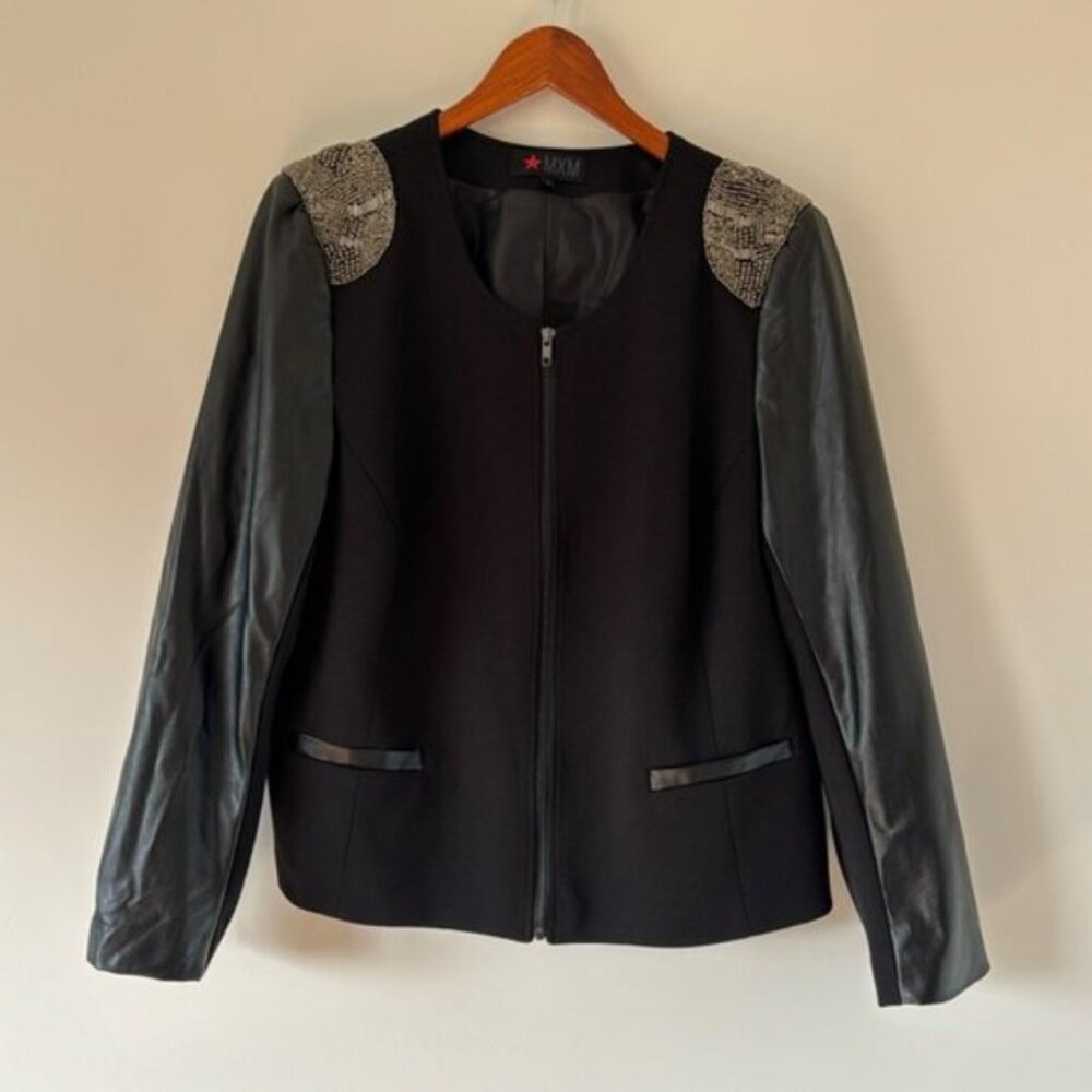 MXM Women Black Beaded Shoulders Faux Leather Blazer Jacket Plus Size 18